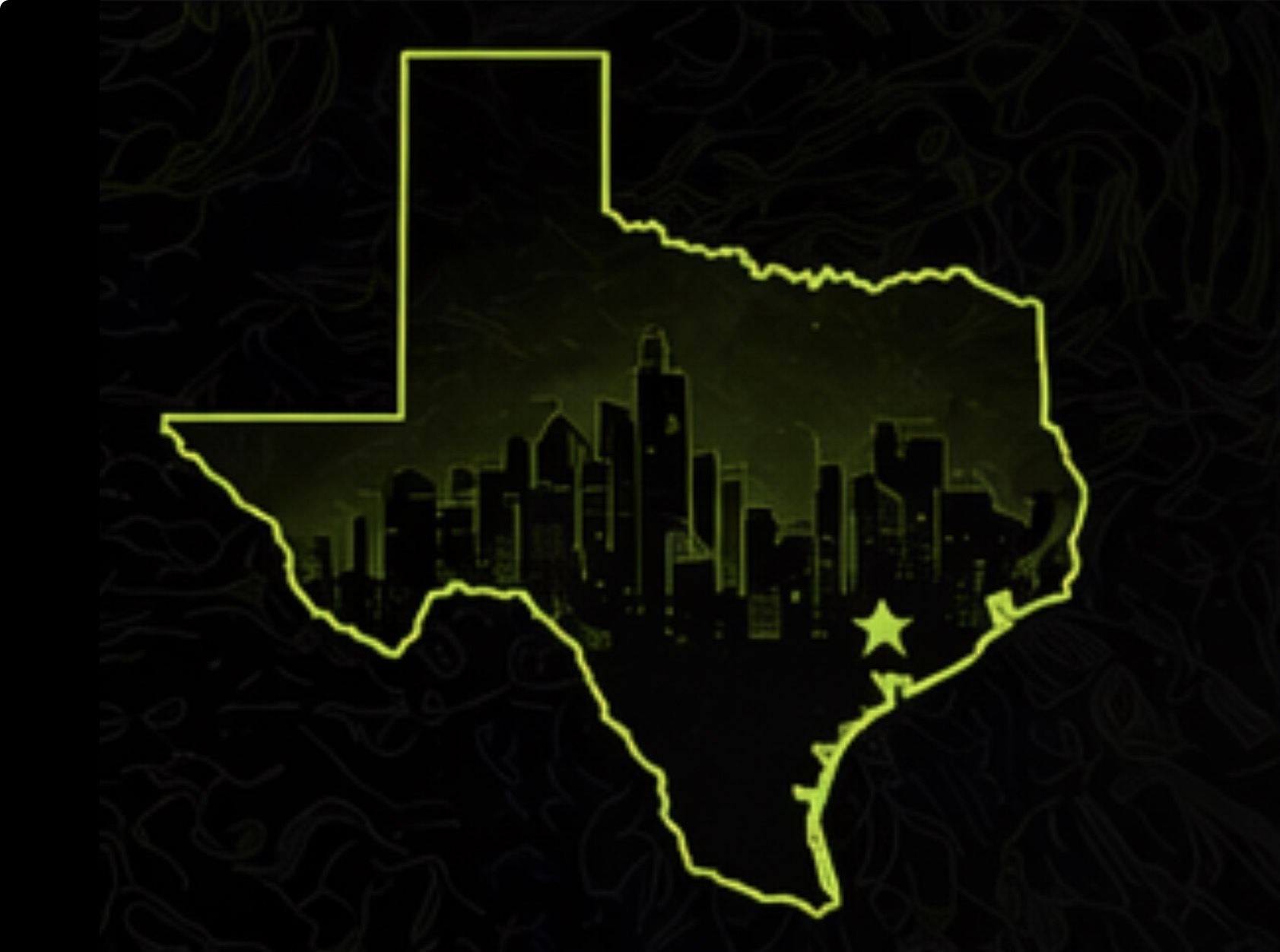 Neon green outline of Texas with Houston skyline and a star marking Houston
